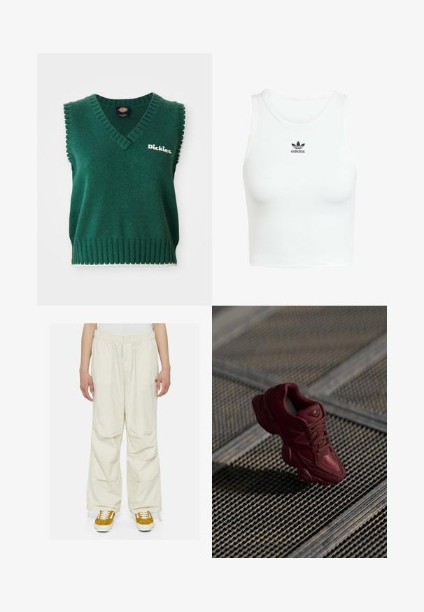 Grön ärmlös stickad väst med V-urringning, ribbade kanter, vit kant och "Dickies"-logotyp på bröstet.; Vit bomullstopp med en figurnära ribbad struktur, rund halsringning och svart broderad Adidas-logotyp framtill.; Krämfärgade cargobyxor med lös passform, elastisk midja och flera fickor. Bärs med bruna och vita sneakers mot en vit bakgrund.; Burgundy sneaker med en texturerad ovansida, snörningsdesign och uttaliga sula konturer. Har logotyp och sömlösa syntetmaterialdetaljer.