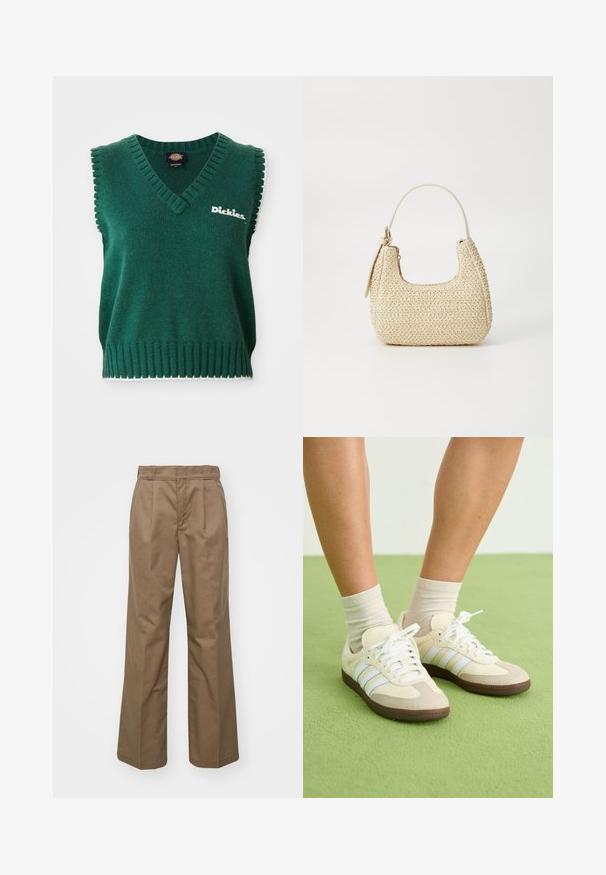 Zaļš bezpiedurkņu adījuma veste ar V formas kakla izgriezumu, ribotām malām, baltu apdari un "Dickies" logo uz krūts.; Brūnas, platas kāju bikses, izgatavotas no izturīga auduma. Iekļauj priekšējās krokas, vienmērīgu tekstūru un klasisku jostas dizainu.; Samba skriešanas apavi ar krēmkrāsas un bēša krāsu shēmu, kas aprīkoti ar trim gaiši ziliem svītrām, baltajām auklām un brūnajiem gumijas zole.; Aušana salmu rokassoma béigā krāsā ar izliekto formu, īsu rokturi un sānu rāvējslēdzēju. Iespējas teksturēta virsma un minimālistisks dizains.