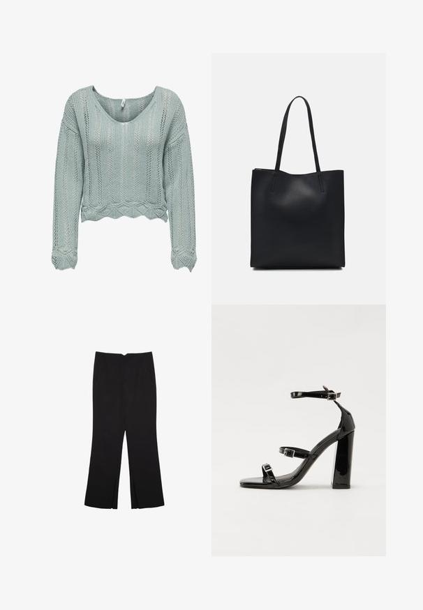 Hellgrüner, kurz geschnittener Pullover aus Strickstoff mit V-Ausschnitt, langen Ärmeln und welligem Saum. Verfügt über ein durchgehendes Lochmuster.; Schwarze Hose mit geradem Schnitt, ausgestattet mit Fronttaschen und Seitenschlitzen am Saum. Hergestellt aus weichem, glattem Stoff. Geeignet für verschiedene Anlässe.; Schwarze patentierte Sandalen mit Absatz, quadratischer Spitze, Knöchelriemen und silbernen Schnallen. Mit einem stabilen Blockabsatz für mehr Stabilität.; Schwarze Laptoptasche aus Leder mit glatter Textur, rechteckiger Form und zwei langen Griffen. Keine sichtbaren Beschläge oder Verzierungen.