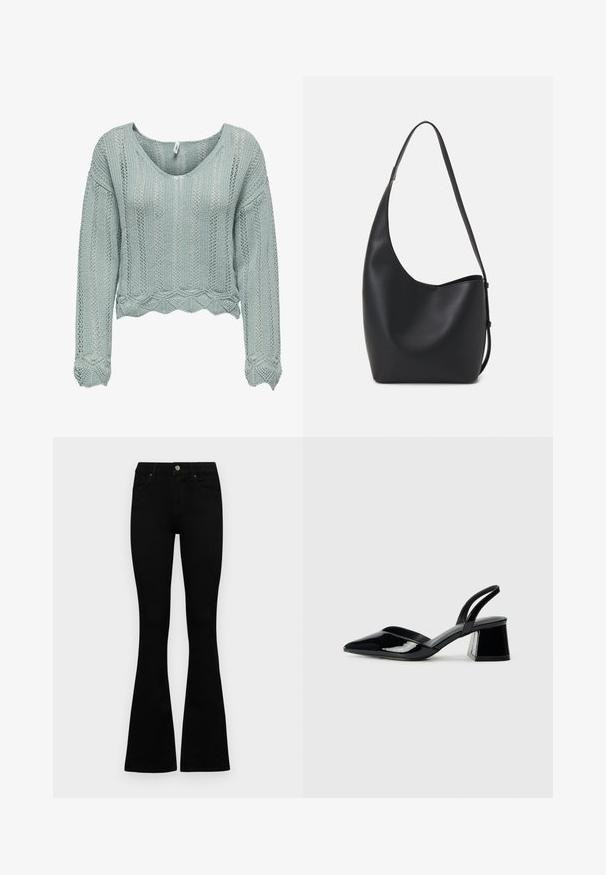 Svijetlozelena skraćena pulover od pletene tkanine s V-izrezom, dugim rukavima i valovitim rubom. Sadrži otvoreni uzorak kroz cijelu površinu.; Crne traperice viskog struka s kopčanjem na gumb i rajfeslusu, prednjim džepovima i širom nogavicama položene su ravno na bijeloj pozadini.; Crne lakirane kožne sandale s otvorenom petom i špicastim vrhom, s geometrijskom blok petom. Imaju elegantan, minimalistički dizajn i glatku teksturu.; Crna kožna hobo torba s glatkom teksturom, zakrivljenim oblikom i jednom podesivom trakicom; ima širok otvor na vrhu.