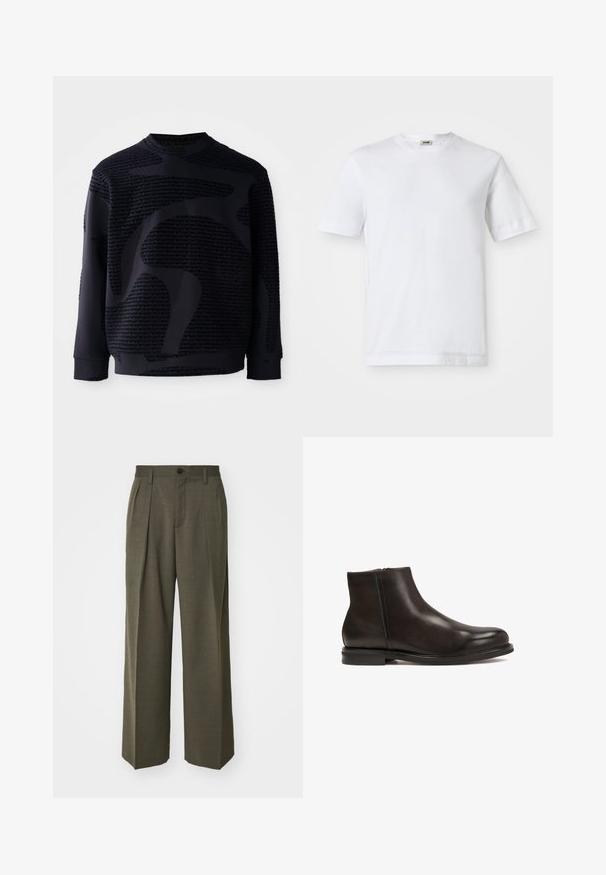 Felpa nera con tessuto testurizzato, caratterizzata da un importante motivo tono su tono e colletto rotondo; maniche lunghe con polsini e orlo a costine.; T-shirt bianco in cotone con maniche corte, scollatura rotonda e una texture liscia. Non sono visibili motivi o accenti.; Filippa K WIDE TROUSERS - Pantaloni - driftwood; Stivale alla caviglia in pelle nera con una superficie liscia, punta arrotondata e tacco basso. Presenta una zip laterale per indossarlo facilmente.