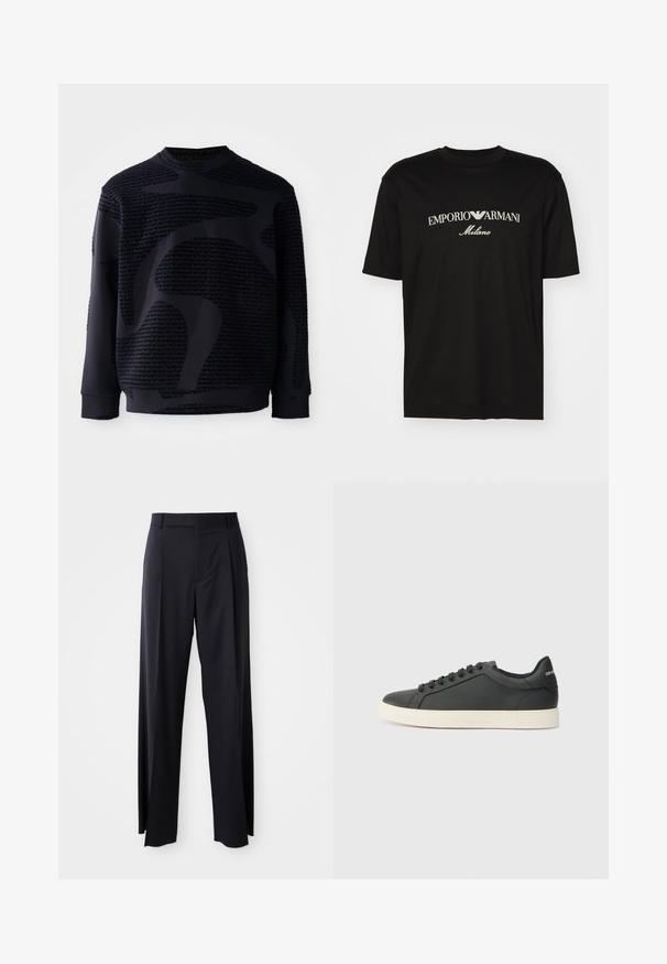 Black sweatshirt with textured fabric, featuring a prominent tonal pattern and round neck; long sleeves with ribbed cuffs and hem.; Black cotton T-shirt featuring a round neckline, short sleeves, and "EMPORIO ARMANI" logo in white above "Milano" in a curved design.; Black, high-waisted trousers with a wide-leg cut, made of smooth fabric. Features front pleats and belt loops. Minimalistic design, no visible hardware.; Black leather sneaker with a low profile, rounded toe, and lace-up closure; features a textured rubber sole and logo detail on the heel.