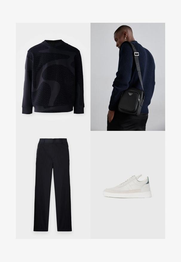 Melna sporta krekls ar teksturētu audumu, piedāvājot izteiktu tonālu rakstu un apaļu kakla izgriezumu; garas piedurknes ar ribotām aprocēm un apakšmalu.; Melni bikses ar vieglu, teksturētu audumu, taisnu kāju dizainu, elastīgu jostu un sānu rāvējslēdzēju kabatām.; Baltas ādas sporta apavi ar pelēka zamšādas akcentiem, saistoša dizaina, ar vilkšanas cilpu un teksturētu gumijas zoli, kas raksturojas ar zigzag rakstu.; Melnas ādas plecu soma ar rāvējslēdzēja nodalījumu, logotipa detaļām un markētu regulējamu siksnu. Valkāta kopā ar teksturētu tumši zilu džemperi.