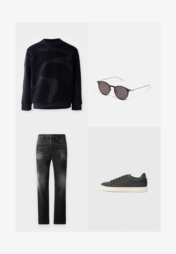 Fekete pulóver textúrált anyagból, feltűnő tónusos mintával és kerek nyakkal; hosszú ujjakkal, ribbelt mandzsettával és aljjal.; Fekete farmernadrág egyenes szabással. Fakadó területek, kisebb kopások, klasszikus öt zsebes kialakítás és gombos zárás jellemzi.; Fekete bőr sportcipő alacsony profilú, lekerekített orral és fűzős záródással; texturált gumitalppal és logó részlettel a saroknál.; Fekete kerek napszemüveg sötét lencsékkel és karcsú fém szárakkal. Átlátszó szárvégeket és ezüst részleteket tartalmaz az ívnél. Minimalista dizájn.