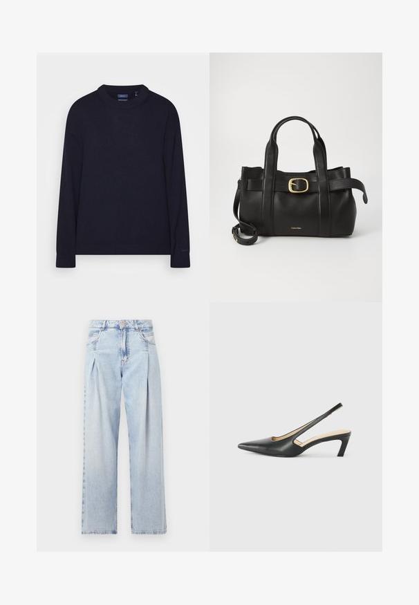 GANT C-NECK - Strickpullover - evening blue; Helle blaue Denim-Jeans mit hoher Taille, weitem Beinschnitt, zwei seitlichen Taschen und gefaltetem Design. Weiche Textur mit einem ausgebleichten Finish.; Schwarzer spitz zulaufender Slingback-Schuh mit niedrigem Absatz, der aus glattem Leder gefertigt ist und seitliche Ausschnitte für Atmungsaktivität aufweist.; Schwarze Lederhandtasche mit strukturiertem Design, doppelten oberen Griffen, goldfarbenem Schnallenakzent und geprägtem Markenlogo auf der Vorderseite.