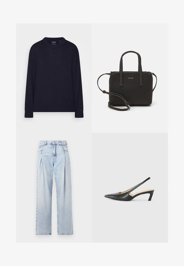 GANT C-NECK - Strickpullover - evening blue; Helle blaue Denim-Jeans mit hoher Taille, weitem Beinschnitt, zwei seitlichen Taschen und gefaltetem Design. Weiche Textur mit einem ausgebleichten Finish.; Schwarzer spitz zulaufender Slingback-Schuh mit niedrigem Absatz, der aus glattem Leder gefertigt ist und seitliche Ausschnitte für Atmungsaktivität aufweist.; Schwarze Handtasche mit zwei kurzen, doppelt geflochtenen Griffen und einem abnehmbaren Schulterriemen. Glattes, lederähnliches Material mit einem Reißverschluss und Logodetail.