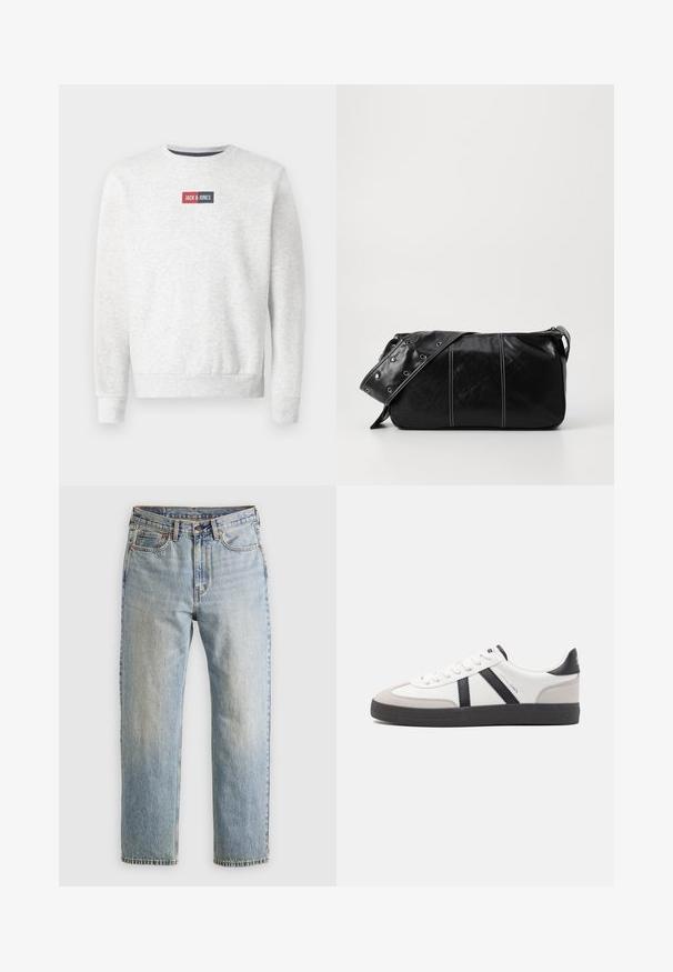 Grijze sweatshirt met een ronde hals, geribde manchetten en zoom, met een rood en marineblauw rechthoekig logo-opdruk op de borst. Zachte stoftextuur.; Lichtblauwe denim jeans met hoge taille, frontknop, rits en vijfzakkenontwerp, plat gelegd op een neutrale achtergrond.; Witte sneaker met zwarte en grijze accenten, voorzien van een grijze neus met textuur, zwarte rubberen zool en platte witte veters. Schoon ontwerp, minimalistische stijl.; Zwarte leren schoudertas met een ritsluiting, voorzien van een gestructureerd lichaam, witte stiksels en een band met zilveren oogjes.