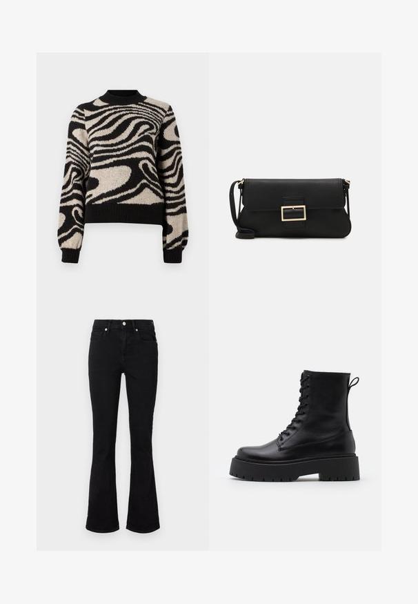ONLY ONLCECE  - Jumper - black/pumice stone; Black flared jeans made of denim, featuring a mid-rise waist, front pockets, and button closure. Smooth texture with minimal stitching details.; Black leather ankle boots with a round toe, lace-up front, and a thick rubber sole featuring a textured tread. Pull tab at the back.; Black leather clutch bag with a flap and a gold metal buckle detail. Includes a black strap and a sleek, minimalist design.