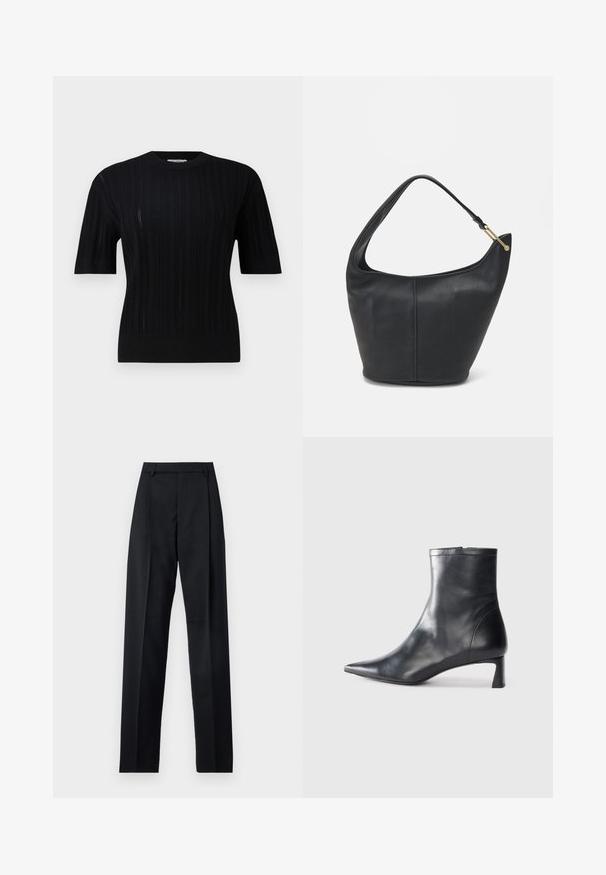 Filippa K BRAID - Džemperis - black; Melnas bikses, izgatavotas no gludas auduma, ar augstu vidukli, platiem bikšu galdniekiem, priekšējiem krokām un klasiskām jostu cilpām. Sānu kabatas nav redzamas.; Melnas ādas potītes zābaki ar norādītu pirkstu un elegantu dizainu. Iezīmē zemu papēdi un rāvējslēdzēja aizdari aizmugurē. Gluda tekstūra.; Melnas ādas rokassomi ar noapaļotu formu, platu siksnu un strukturētu apdari. Iezīmējas ar nelielām šuvju detaļām un zelta tonī izstrādātu aparatūru.