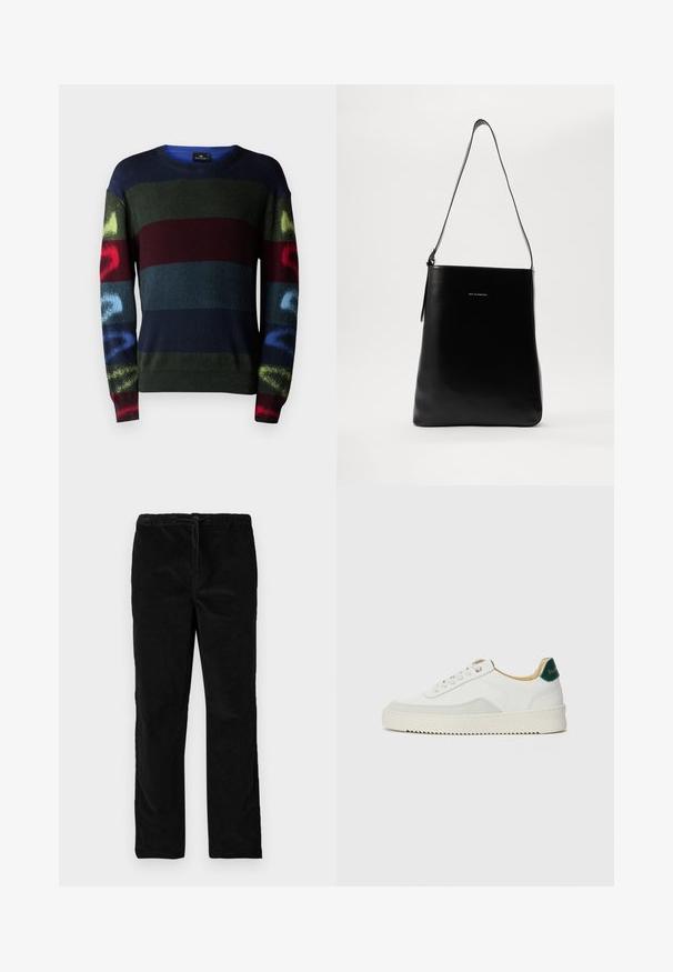 PS Paul Smith CREW NECK SWEATER  - Maglione - black; Pantaloni neri in velluto a gamba dritta con vita elastica e cordoncino anteriore, esposti su uno sfondo bianco uniforme.; Sneaker bianco con accenti in camoscio, punta rotonda, lacci piatti e suola in gomma crema. Presenta un marchio verde sul tallone.; Borsa a tracolla in pelle nera con texture liscia, forma rettangolare e tracolla lunga; presenta un piccolo logo bianco al centro.