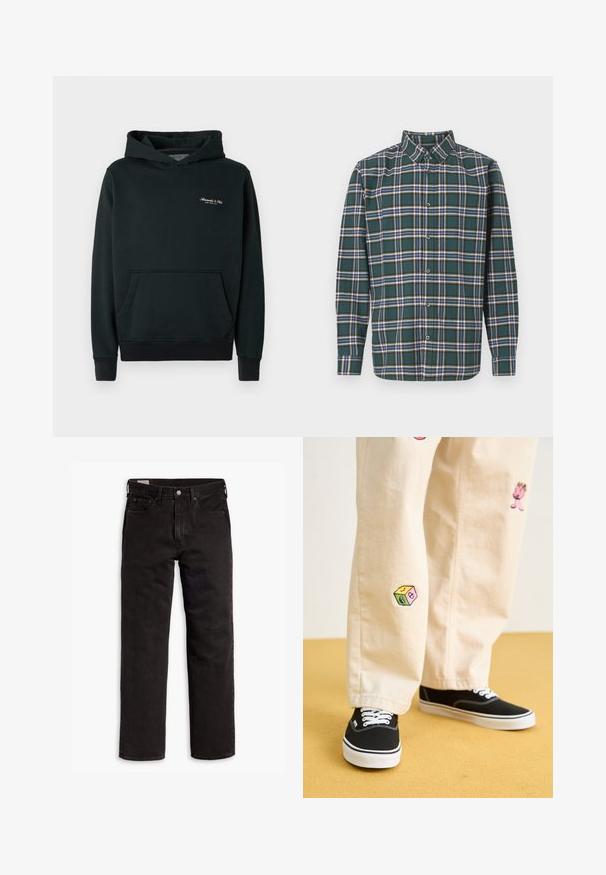 Tmavozelená mikina s kapucňou z jemného materiálu, so prednou vreckom a rebrovanými manžetami a lemom. Malé biele logo na hrudi.; Zelená flanelová košeľa s károvaným vzorom, ktorá obsahuje modré, biele a horčicovo žlté pruhy. Zapínanie na gombíky vpredu a špičatý golier. Dlhé rukávy.; Čierne džínsy s rovnými nohavicami, s piatimi vreckami, s rozopínaním na gombík a pútkami na opasok, položené na bielom pozadí.; Béžové bavlnené nohavice s hravými vyšívanými vzormi vrátane ružovej postavy a farebného bloku, skombinované s čiernymi šnurovacími teniskami.