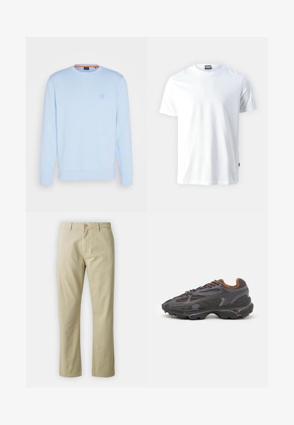 BOSS WESTART - Sweatshirt - open blue; Hvit bomull T-skjorte med rund hals og korte ermer, med en subtil preget "Joop!" logo på brystet og rett nederkant.; Beige bomullsbukser med rett ben-design, frontlukking med knapp og beltehemper. Jevn tekstur, ingen synlige mønstre eller detaljer.; Lacoste-sneakers i mørkegrått med mesh- og syntetisk materiale, med en teksturert såle og brune detaljer på kragen og merket.
