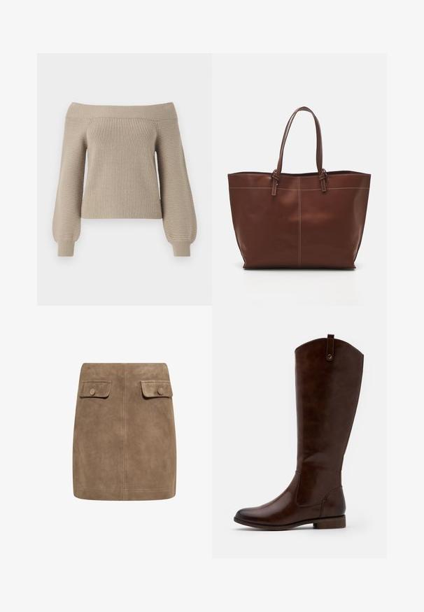 Pulover bej tricotat, cu umerii lăsați, cu textură côtelată, mâneci lungi tip balon și croială ajustată. Finisaj din material neted, design casual.; Fustă mini din ante maro, cu o textură netedă, având două buzunare cu clapetă în față și închideri cu buton pe fiecare parte. Design simplu și drept.; Cizme maro până la genunchi, fabricate din piele netedă, cu vârful rotund, toc mic și o subtilă broderie pe laterale.; Geantă de tote din piele maro cu mânere duble, dotată cu cusături contrastante și un design spațios, potrivită pentru utilizarea zilnică.