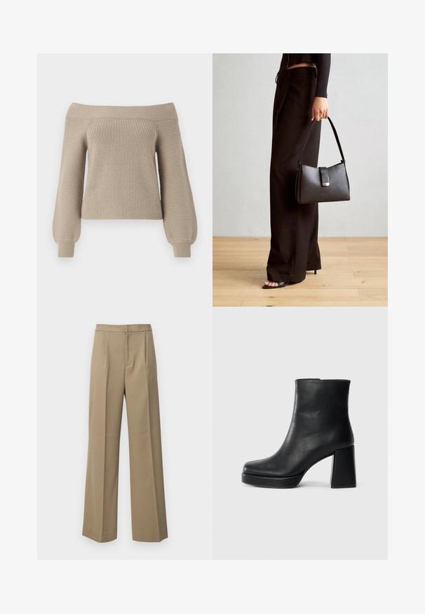 Beige off-the-shoulder knit sweater with ribbed texture, long balloon sleeves, and a fitted body. Smooth fabric finish, casual design.; Beige wide-leg trousers made from a textured fabric. Features front pleats and a flat waistband. No visible fasteners or pockets.; Black leather ankle boot with a block heel and platform sole, viewed from the side on a plain white background.; Black handbag with structured shape, smooth texture, and a metallic clasp. Paired with wide black pants and open-toe sandals on wooden floor.