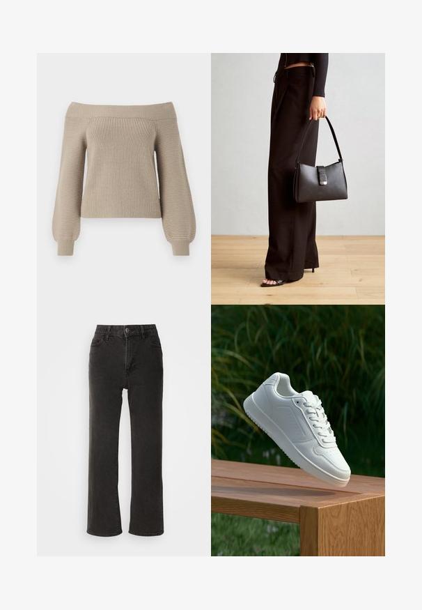 Beige off-the-shoulder knit sweater with ribbed texture, long balloon sleeves, and a fitted body. Smooth fabric finish, casual design.; Black wide-leg jeans made of denim, featuring a front button closure, belt loops, and five pockets with a slightly faded texture.; White sneaker with a smooth synthetic upper, perforated toe box, flat laces, and a textured sole, displayed on a wooden surface.; Black handbag with structured shape, smooth texture, and a metallic clasp. Paired with wide black pants and open-toe sandals on wooden floor.