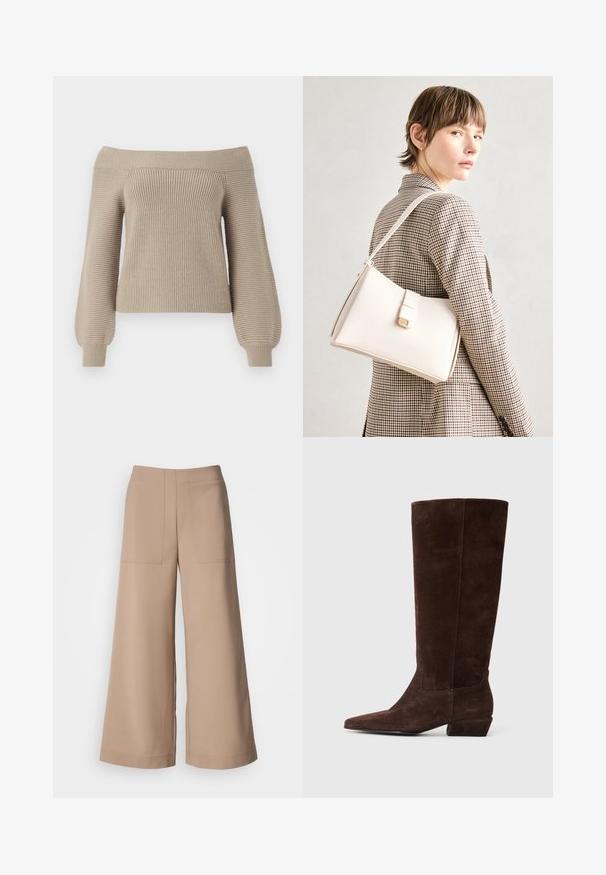 Maglione beige off-the-shoulder in maglia con texture a coste, maniche lunghe a palloncino e forma aderente. Finissaggio in tessuto liscio, design casual.; Pantaloni a gamba larga in un tessuto beige chiaro. Presentano due tasche frontali a toppa, una vita piatta e una texture liscia con una finitura sartoriale.; Stivale in suede marrone scuro fino al ginocchio con tacco basso a blocco e punta affusolata, mostrato di lato su uno sfondo bianco.; Borsa a mano in pelle bianca con un design strutturato, presente di un clasp magnetico e una tracolla, esposta su uno sfondo neutro.