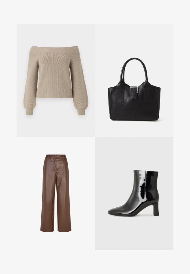 Beige avtagbar skulderstrikket genser med ribbestruktur, lange ballongsleeves og en kroppsnær passform. Glatt stofffinish, uformell design.; Brune falsk skinn brede bukser med en glatt tekstur, beltehemper og en frontfaltering ved midjen.; Sorte patentlær ankle boot med spiss tå og en mellomhøy blokkhelt. Glatt tekstur og minimalistisk design.; Svart skinn toteveske med jevn tekstur, strukturert form, to håndtak og en fremtredende sølvspenne foran.