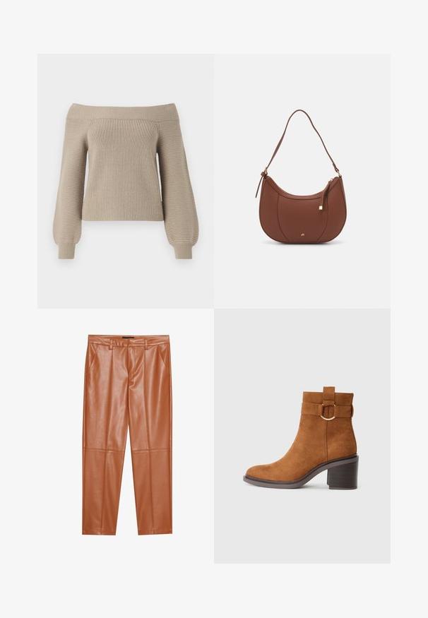 Beżowy sweter robiony na drutach, odkrywający ramiona, z prążkowaną fakturą, długimi balonowymi rękawami i dopasowanym krojem. Gładka tkanina, casualowy fason.; Brązowe spodnie z sztucznej skóry o dopasowanym kroju, z przodem z fałdami i prostymi nogawkami. Gładka tekstura bez widocznych elementów metalowych lub akcentów.; Brązowy zamszowy botek za kostkę z zaokrąglonym noskiem, słupkiem i ozdobnym paskiem z okrągłą klamrą.; Brązowa torebka na ramię z eko-skóry o zaokrąglonym kształcie, z minimalnym przeszyciem i złotym akcentem na okuciach. Posiada zamek błyskawiczny u góry oraz regulowany pasek.