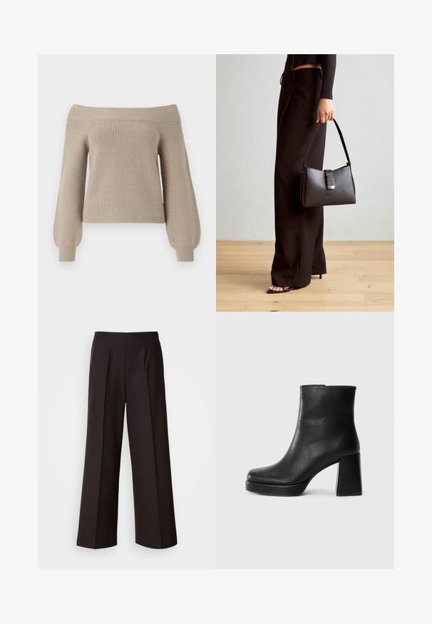 Šviesiai rudos spalvos megztinis be petnešų, su raukšlėta tekstūra, ilgomis baliono formosRankovėmis ir prigludusia forma. Lygus audinio paviršius, kasdieniško dizaino.; Juodos plačios kojos kelnės su lygiu priekine dalimi, raukiniais ir švelnia medžiagos tekstūra. Yra aukštas liemuo ir pritaikytas kirpimas, užtikrinantis struktūrizuotą prigludimą.; Juodas odinis kulkšninis botas su bloku ir platformos padu, matomas šoniniu vaizdu ant balto fono.; Juodas rankinė struktūrizuota forma, lygi tekstūra ir metalinis užsegimas. Suporuota su plačiomis juodomis kelnėmis ir atvirais bateliais ant medinių grindų.