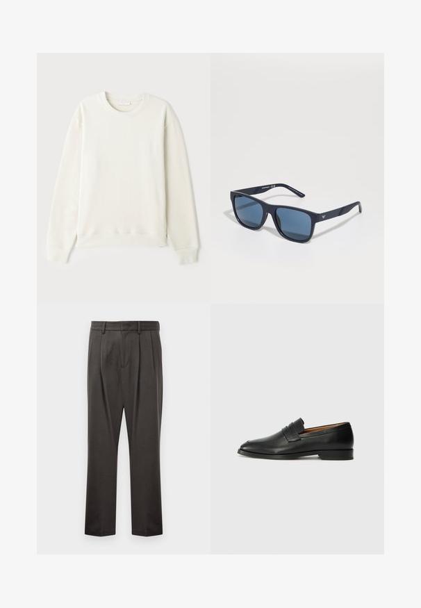 Sudadera de color beige claro, material de algodón, cuello redondo, mangas largas, puños y dobladillo de canalé, logo minimalista en el pecho, textura suave.; Pantalones de color gris oscuro fabricados en un tejido texturizado, con un frente plano, pinzas, piernas rectas y trabillas para cinturón. Sin hardware visible ni patrones.; Mocasín de cuero negro con punta redonda, detalles de costura sutil y un tacón bajo, que presenta una textura suave y un diseño minimalista.; Gafas de sol rectangulares azules con lentes oscuros, montura mate de color navy, detalle del logo en la patilla, varillas rectas y una textura sólida y suave.