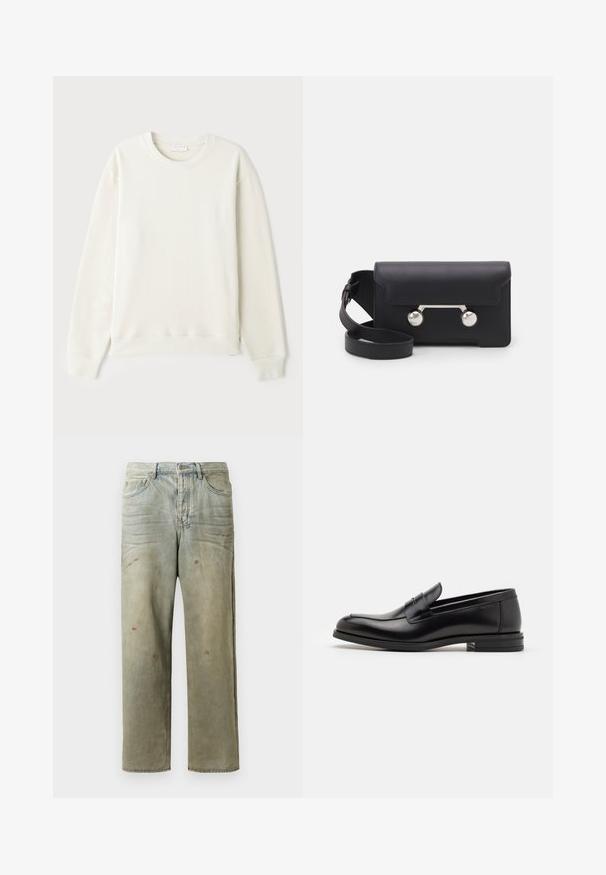 Világos bézs pulóver, pamut anyagból, kerek nyakkivágású, hosszú ujjak, bordázott mandzsettákkal és aljjal, minimális logóval a mellkasán, sima textúrával.; Fakó zöld, kopott farmerszadrág, egyenes lábbal, ötk zsebes kialakítással, egyenetlen kopással és festékcseppekkel.; Fekete bőr loaferek sima textúrával, kerek orral és dekoratív pánttal a vampnál. Alacsony, rétegelt sarkú, minimalista dizájn.; Fekete bőr keresztpántos táska hajtókával, ezüst színű kiegészítőkkel és két kerek díszítéssel. Levehető pánttal rendelkezik. Simább textúrájú.