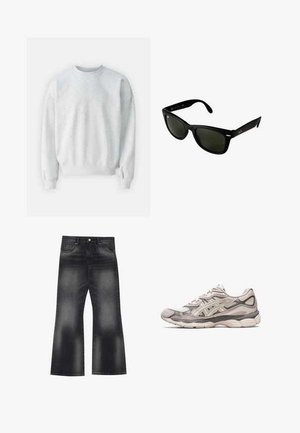 Světle šedá mikina vyrobená z měkké tkaniny, má kulatý výstřih, žebrované manžety a uvolněný střih s mírně spadlými rameny.; Černá jeansová košile s dlouhými rukávy, zapínání na knoflíky vpředu a třepené bílé akcenty podél ramen. Má klasický límec a zakřivený lem.; Černé džínové zvonové kalhoty se zesvětleným omytem, pěti kapsami a kontrastním prošíváním, se mírně širokým zakončením nohavic.; Světlé šedé sportovní boty s vrchní částí z síťoviny a surové kůže. Vyznačují se polstrovanou podrážkou, výraznými překryvy a strukturovaným designem.; Černé plastové sluneční brýle s tmavě zelenými čočkami. Rám čtvercového tvaru s stříbrnými akcenty a vyraženým logem na spánkové straně.