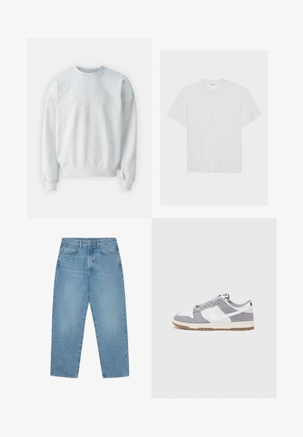 Svetložltý sveter vyrobený z mäkkej látky, s okrúhlym výstrihom, rebrovanými manžetami a uvoľneným strihom so slabým poklesom ramien.; Biela bavlnená tričko s krátkymi rukávmi, okrúhlym výstrihom a voľným strihom. Hladká textúra a žiadne viditeľné vzory alebo akcenty.; Svetlo modré džíny s širokými nohavicami a vysokým pásom, s piatimi vreckami, pútkami na opasok a jemnou, mierne vyblednutou štruktúrou.; Sivé a biele tenisky s vrchom z semišu a kože, zaoblenou špičkou, plochými šnúrkami a gumovou podrážkou s akcentom vo farbe gumy.
