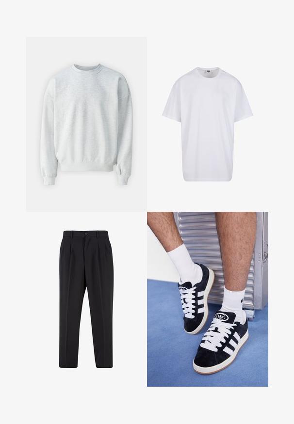 Felpa grigia chiara realizzata in un tessuto morbido, con colletto a girocollo, polsini a costine e vestibilità rilassata con spalle leggermente scese.; Maglietta bianca in cotone con maniche corte, scollatura rotonda, vestibilità comoda e senza loghi o motivi visibili. Texture liscia e design minimale.; Pantaloni neri con design a pieghe sul davanti, realizzati in tessuto morbido. Presentano una chiusura con bottone e passanti per cintura; vestibilità a gamba dritta.; Sneakers in suede nero con lacci bianchi e tre strisce bianche. Presentano un logo circolare nero sulla linguetta e una suola in gomma color gomma.