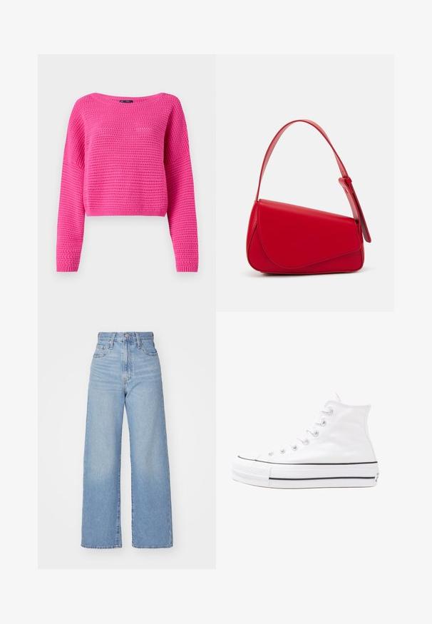 Rožinis trumpas megztinis su tekstūruotu nėriniu, plačiu iškirpimu ir ilgomis rankovėmis. Su briaunuota apačia ir rankogaliais. Pagamintas iš lengvos medžiagos.; Šviesiai mėlynos aukšto liemens plačios kojos džinsai su priekiniais užtrauktukais ir sagom, priekinėmis ir galinėmis kišenėmis, ant baltos fono.; Balti aukštakulniai drobės sportbačiai su juodu guminio pado, priekinio guminio piršto dangteliu ir šešiais akytėmis raištams, pasižymintys švariu, minimalistiniu dizainu.; Raudona odinė rankinė su kampuota, geometrine forma. Pasižymi viena reguliuojama dirželiu ir dangteliu su siuvinėtais dekoracijomis.