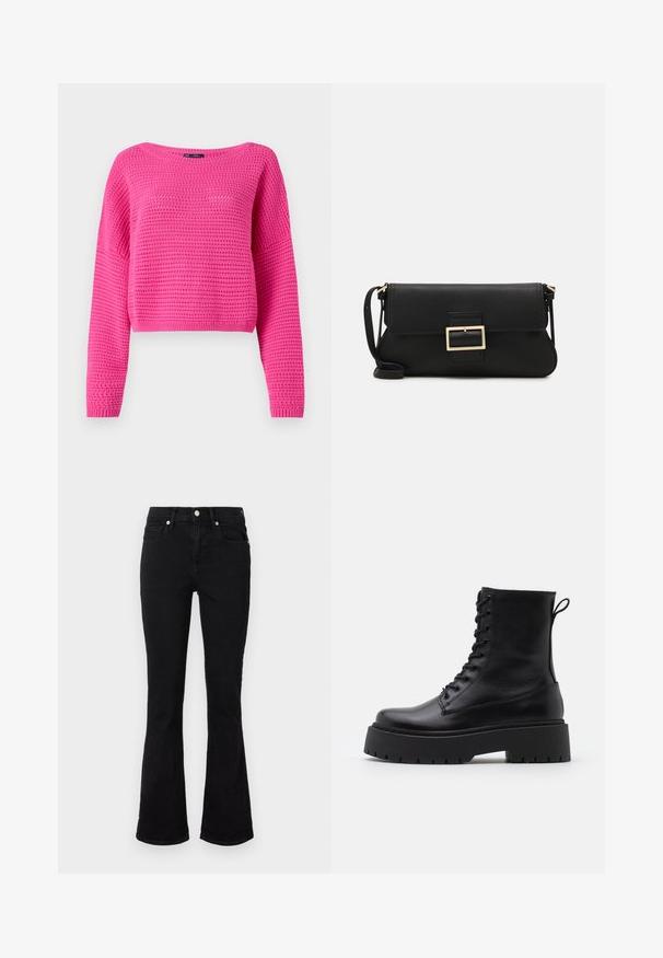 Růžový krátký svetr s texturovaným pleteným vzorem, širokým výstřihem a dlouhými rukávy. Žebrovaný spodní lem a manžety. Vyrobeno z lehkého materiálu.; Černé rozšířené džíny vyrobené z denimu, s mírně vyvýšeným pasem, předními kapsami a uzavíráním na knoflík. Hladká textura s minimem švů.; Černé kožené kotníkové boty s kulatou špičkou, šněrováním na přední straně a silnou gumovou podešví s texturovaným vzorkem. S poutkem vzadu.; Černá kožená psaníčko s klopou a zlatým kovovým detailním sponou. Součástí je černý popruh a elegantní, minimalistický design.