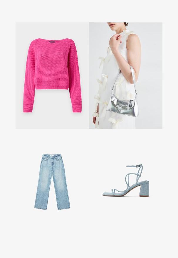 Růžový krátký svetr s texturovaným pleteným vzorem, širokým výstřihem a dlouhými rukávy. Žebrovaný spodní lem a manžety. Vyrobeno z lehkého materiálu.; Světle modré džíny s širokými nohavicemi a vysokým pasem, s bledým odstínem a malými, rozptýlenými detaily opotřebení po celém povrchu.; Světlé modré denimové sandály na blokovém podpatku s tenkými zkříženými pásky a páskem kolem kotníku. Design s čtveratou špičkou a texturovaný povrch.; Stříbrná kovová kabelka se strukturovaným tvarem, s horním držadlem a detailem v podobě mašle na přední straně. Hladký povrch, reflexní lesk.