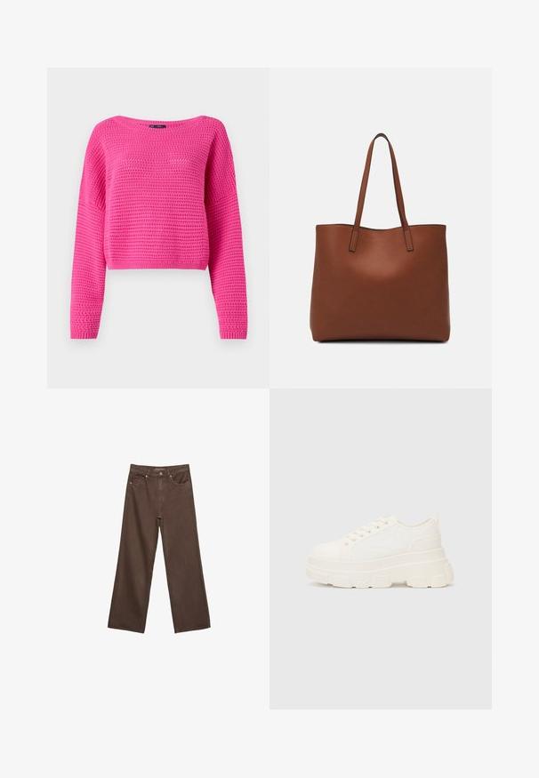 Rosa, kurz geschnittenen Pullover mit strukturiertem Strickmuster, weitem Ausschnitt und langen Ärmeln. Rippbündchen an Saum und Ärmeln. Gefertigt aus leichtem Material.; Weite braune Jeans aus Denim, mit hoher Taille, Fronttaschen und klassischem Knopfverschluss. Glatte Textur mit feinen Nähten.; Weiße Leinensneaker mit einer massiven Sohle, abgerundeter Spitze und fünf Ösen für Schnürsenkel. Hinterer Tab für ein einfaches Anziehen. Glatte Textur, minimalistisches Design.; Braune Leder-Tote mit glatter Textur, offenem Oberteil und zwei Schulterriemen. Verfügt über minimale Nähte und keine sichtbaren Beschläge.