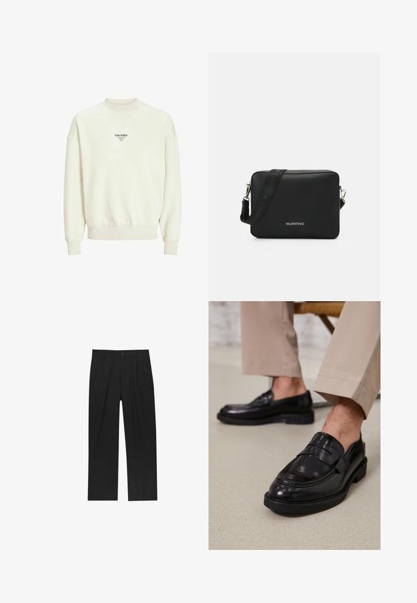 Felpa color crema con colletto a girocollo a costine, polsini e orlo elastici. Presenta un logo stampato in nero sul davanti. Texture morbida.; Pantaloni neri con un design a gamba dritta, realizzati in un tessuto liscio. Presentano pieghe frontali e una chiusura a un bottone in vita.; Mocassini in pelle nera con finitura liscia, dotati di una cintura decorativa e cuciture a contrasto, abbinati a pantaloni beige.; Borsa a tracolla rettangolare nera realizzata in materiale testurizzato, dotata di una chiusura in metallo argentato e di una tracolla regolabile con marchio.