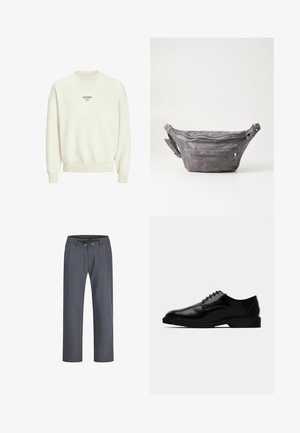 Crèmekleurige sweatshirt met een geribbelde ronde hals, elastische manchetten en zoom. Heeft een zwart bedrukte logo op de voorkant. Zachte textuur.; Grijze, elastische broek met een trekkoord. Rechtoe-rechtaan ontwerp, gemaakt van een gladde stof, met minimale stiksels en geen zichtbare hardware.; Zwarte leren dresschoenen met een gladde afwerking, ronde neus, vetersluiting en een bescheiden rubberen zool voor grip.; Grijze suède heuptas met een ronde vorm, twee met rits afgesloten compartimenten en een verstelbare band. Voorzien van metalen accenten.