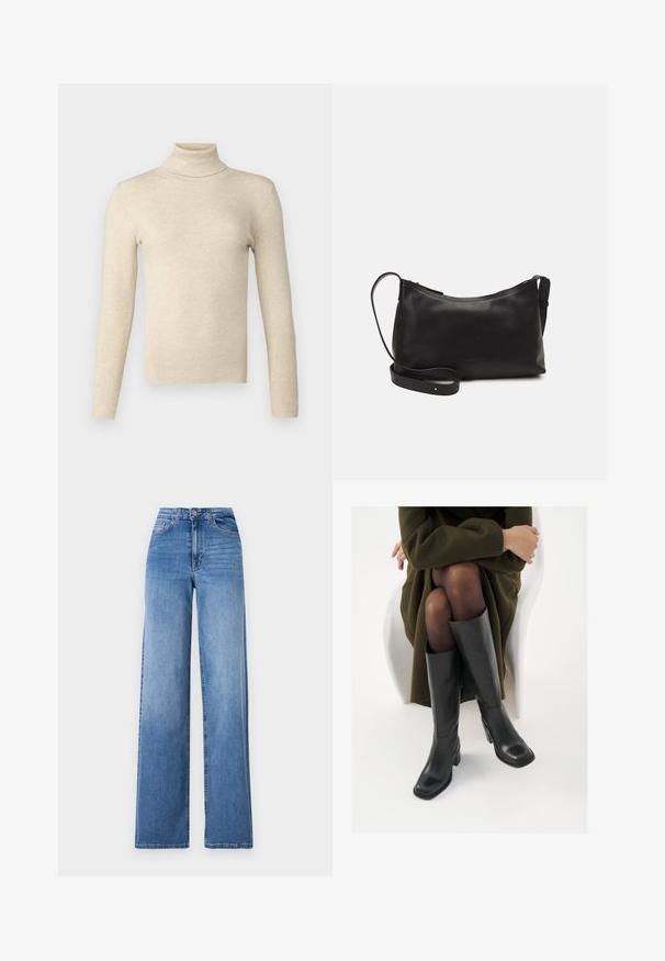 Beige bordázott garbó pulóver, testhez simuló fazonnal és hosszú ujjakkal. Puha tapintás, minimális díszítés és sima felület.; Világoskék, széles szárú farmernadrág, magas derékkal, elülső zsebekkel és normál gombos záródással. Sima felület.; Térdfelett érő fekete bőr csizmák négyzet alakú orral és tömbtalppal, olajzöld kabátban ülő modellel bemutatva. Simaság, minimalista részletezés.; Fekete bőr válltáska sima felülettel, ívelt formával, állítható pánttal és cipzáras záródással. Minimalista dizájn díszítmények nélkül.