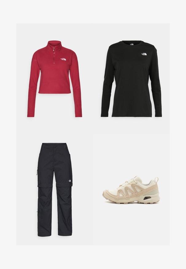 The North Face GLACIER CROPPED ¼ ZIP - Polárpulóver - beetroot; Fekete, hosszú ujjú póló pamutból, kerek nyakkal. A bal mellrészen egy kis fehér logó található. Egyszerű dizájn és szabás.; Fekete nylon zipzáras cargo nadrág állítható mandzsettával, több zsebbel és logóval a jobb lábon. Simább, könnyű textúra.; Beige és krém színű sportcipő, texturált hálós felsőrésszel, támogató burkolattal és gumitalppal, amely tapadás érdekében bordázott mintázattal rendelkezik.
