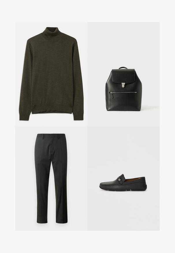 Sötétzöld garbó pulóver puha kötött anyagból, ribbelt mandzsettákkal és szegéllyel, hosszú ujjal és egyszerű, letisztult kialakítással.; Sötétszürke anyagú nadrág, egyenes lábakkal, sima előlappal és övtartókkal. Sima textúra diszkrét szövésmintával.; Fekete bőr mokaszinszerű cipő, kerek orral, varrott részletekkel és díszes pánttal. Rugalmas talp a kényelem érdekében.; Fekete bőr hátizsák, fedélzáras, ezüstszínű kiegészítőkkel, elülső cipzáras zsebbel és texturált felülettel.