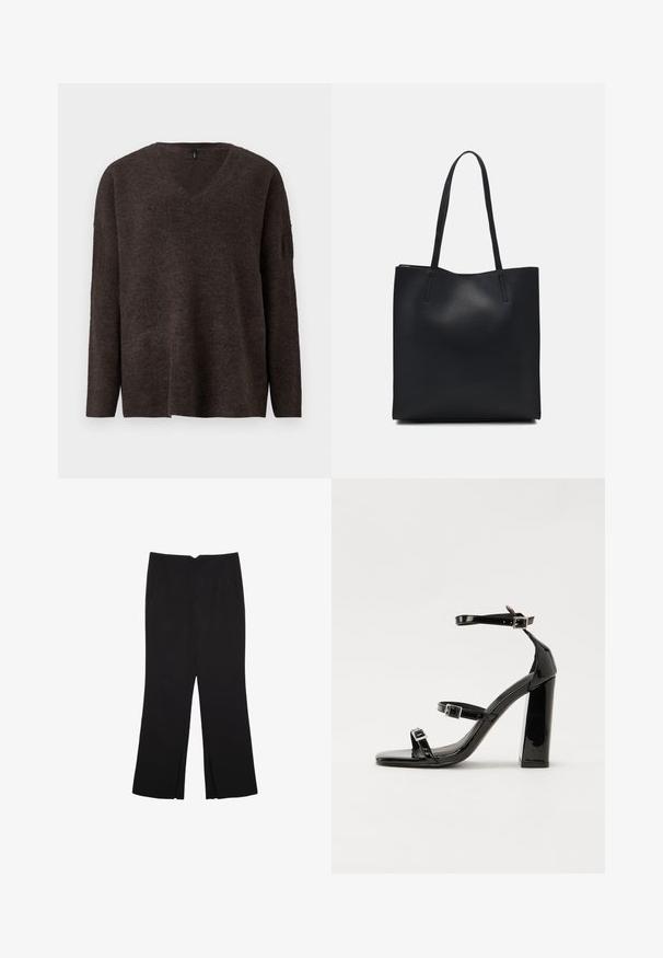 Temno rjav pulover s V-izrezom, dolgimi rokavi in sproščenim krojem. Mehka tekstura in rahlo rebrastenje na manšetah in robu. Brez vidnih logotipov.; Črne hlače ravnega kroja z naglavnimi žepi in stranskimi razporki na robu. Narejene iz mehke, gladke tkanine. Primerne za različne priložnosti.; Črne lakirane sandale s peto, kvadratnim prstom, trakovi okrog gležnja in srebrnimi zaponkami. Opremljene so s stabilno Debelo peto.; Črna usnjena torba s svilnato teksturo, pravokotne oblike in dvema dolgima ročajema. Brez vidnih metalnih delov ali okrasnih elementov.