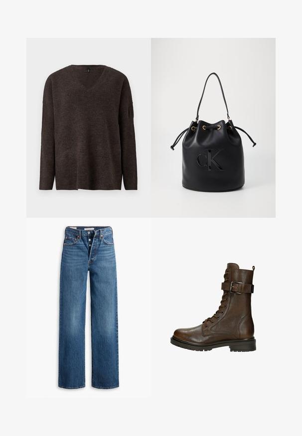 Maglione a scollo a V marrone scuro, con maniche lunghe e vestibilità rilassata. Tessuto morbido e leggero costolato ai polsini e all'orlo. Nessun logo visibile.; Jeans in denim blu con un design a gamba larga, cinque tasche, chiusura con bottoni e cuciture a contrasto. Tessuto testurizzato con una finitura sbiadita.; Stivaletto in pelle marrone con lacci, fibbia laterale, punta rotonda, suola robusta e dettagli di cucitura per un tocco in più.; Borsa a secchiello in pelle nera con chiusura a cordoncino, caratterizzata da un logo "CK" lucido sulla parte anteriore e dettagli in hardware dorato.
