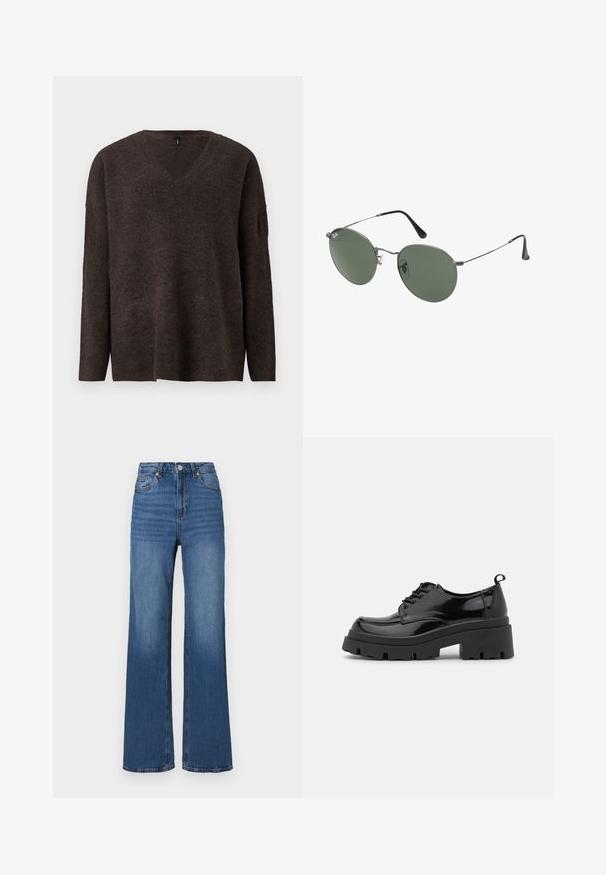 Tumši brūns, v-veida kakla džemperis ar garām piedurknēm un brīvu piegriezumu. Mīksta tekstūra un neliela ribošanas detaļa pie piedurknēm un apakšmalas. Redzamu logo nav.; Augstas jostas, platu kāju zila džinsa bikses, ar klasisku piecu kabatu dizainu un vieglu izbalēšanu gar kājām.; Melnas lakotas ādas kurpes ar masīvu platformas zoli un biezām šņorēm. Apaļa purngala forma, minimālas detaļas un neliela papēža cilpa aizmugurē.; Metāla rāmji saulesbrillēm ar ovālām zaļām lēcām. Tievs sudraba metal rāmji un melni ausu spilventiņi. Minimalistiska dizaina, bez redzamām apzīmējumiem.