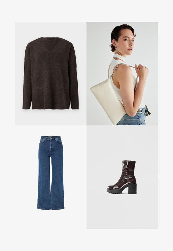 Tumši brūns, v-veida kakla džemperis ar garām piedurknēm un brīvu piegriezumu. Mīksta tekstūra un neliela ribošanas detaļa pie piedurknēm un apakšmalas. Redzamu logo nav.; Augsta vidukļa zils denim bikses ar platām kājām, kurām ir tradicionālais piecu kabatu dizains, metāla pogas aizdare un kontrastējošs šuvums.; Spīdīgas bordo potīšu botītes ar masīlu melnu papēdi, kurām ir gluda tekstūra un vienkāršs dizains. Nav redzamu aizdari vai rakstu.; Balts taisnstūra clutch soma, izgatavota no spīdīga materiāla, ar sudraba ķēdes siksnu. Modelis pozē, demonstrējot somu uz vienkārša fona.