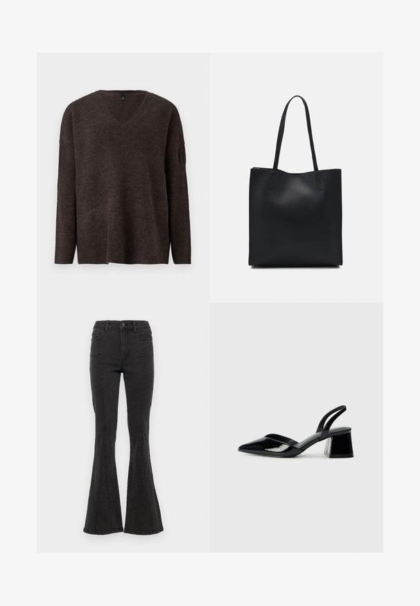 Dark brown, v-neck sweater with long sleeves and a relaxed fit. Soft texture and slight ribbing at cuffs and hem. No visible logos.; Black denim flared jeans with a high waist, featuring side seams and a clean finish at the hem. Fabric has a smooth texture with slight stretch.; Black patent leather slingback heels with a pointed toe and a geometric block heel. Features a sleek, minimal design and smooth texture.; Black leather tote bag with smooth texture, rectangular shape, and two long handles. No visible hardware or embellishments.