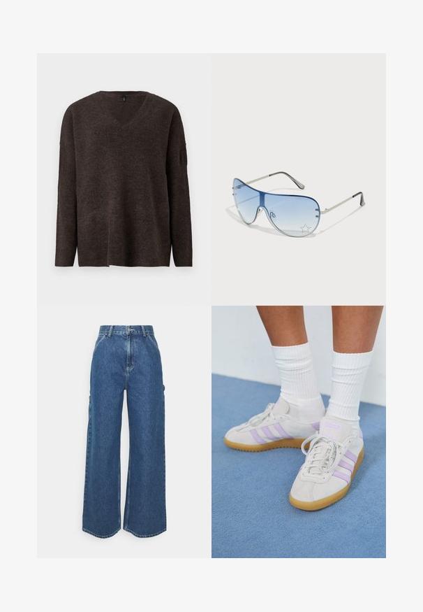 Mørkebrun genser med v-hals, lange ermer og avslappet passform. Myk tekstur og lett rilling ved mansjettene og kanten. Ingen synlige logoer.; Videbeinete blå denimbukser med høy midje, kontraststing, og sidelommer, med et klassisk fem-lommers design og rå kanter.; Lys grå semsket sneakers med tre lavendelstriper, gummisåle, flate lisser og hvite ribbede sokker. Plassert mot en blå bakgrunn.; Pilotbriller med gradient blå linse, sølvfarget metallramme og dekorative stjerneaksenter på linsen. Glatt og stilren design.