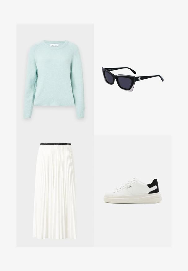 Pullover em verde menta claro, feito de um tecido suave e texturizado. Apresenta um decote redondo e punhos canelados. Ajuste clássico com mangas raglan.; Saia plissada branca com uma cintura elástica preta que apresenta o logótipo "LACOSTE". Design de comprimento médio com textura suave.; Sapatilhas brancas de couro com uma sola branca espessa, detalhe em camurça preta no calcanhar e logótipo em relevo na lateral. Design com atacadores e seis ilhós.; Óculos de sol oversized pretos com forma geométrica, apresentando lentes escuras e um detalhe cinza em contraste na armação. Logotipo na haste.