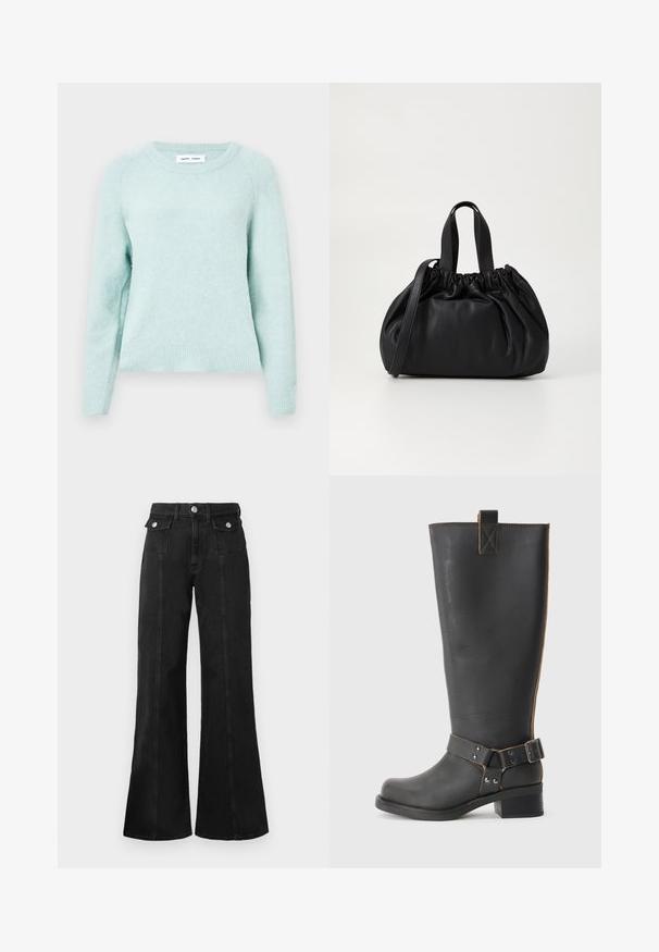 Šviesiai mėtos žalios spalvos megztinis, pagamintas iš minkštos, tekstūruotos medžiagos. Turi apvalų iškirpimą ir šonkaulinės juostos rankogalius. Klasikinis siluetas su raglan rankovėmis.; Juodi džinsai su plačiomis klešnėmis ir aukštu liemeniu, turintys dvi priekines kišenes, sidabro spalvos apdaila ir matoma siūlų detalizacija priekyje.; Juodų odinių iki kelių botų su tekstūruotu paviršiumi, šonuose su sagtimi ir žemu kulnu. Išsamus siuvinėjimas palei siūles.; Juoda odinė rankinė su susiraukšlėjusiu viršumi, su dviem trumpomis rankenėlėmis ir ilga reguliuojama juosta. Lygus paviršius, apvalios formos.