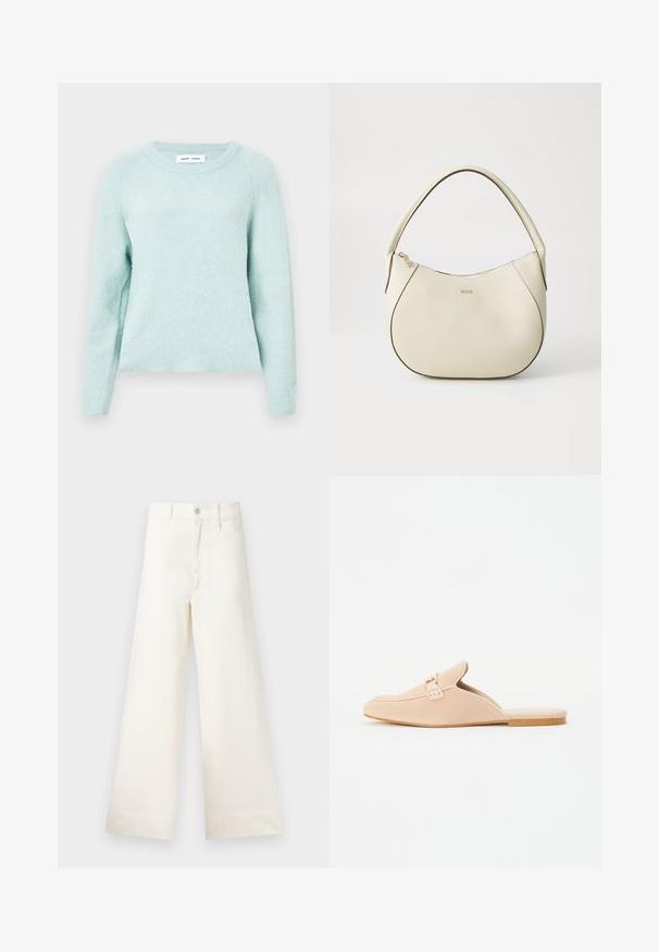 Heledast mündroheline kampsun, mis on valmistatud pehmest, tekstuuriga kangast. Omab ümmargust kaelust ja soonikuid mansette. Klassikaline lõige raglanvarrukatega.; Laiad püksid heleses puuvillas. Omavad kõrget vööd, ees on taskud ja sirge lõige. Puhtad ääred ilma mustriteta.; Bežid nahkainest slip-on loafers suletud varbaga, millel on dekoratiivne pandla detail ja lame korkpõhi. Sile tekstuur ja minimaalne disain.; Kreemivärvi käsipott, millel on tekstureeritud viimistlus, kumer kuju, lühike käepide ja kuldse tooniga logo detail. Ülemine lukustus.