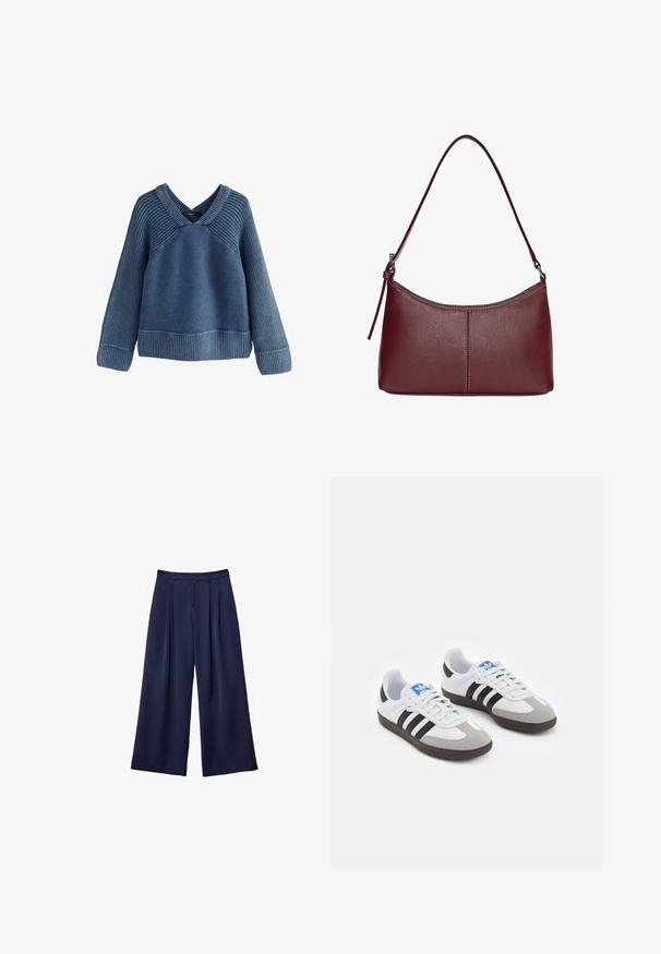 Modra rebrasta pletenina pulover z V-izrezom, dolgimi rokavi in sproščenim krojem. Ima teksturirano tkanino in kontrastno rebrasto obrobo.; Mornarsko modri široki hlače z naborki, gumbi v pasu in zankami za pas, prikazane na ravni beli ozadju.; Športni čevlji z belim usnjenim zgornjim delom, sivim semišem na prstih in tremi črnimi črtami. Imajo modro logo na jeziku in teksturiran gumijast podplat.; Bordo usnjeni ročni torbici s ukrivljeno obliko, enim ramenskim trakom in šivanjem na sredini. Gladka tekstura, minimum kovinskih dodatkov.