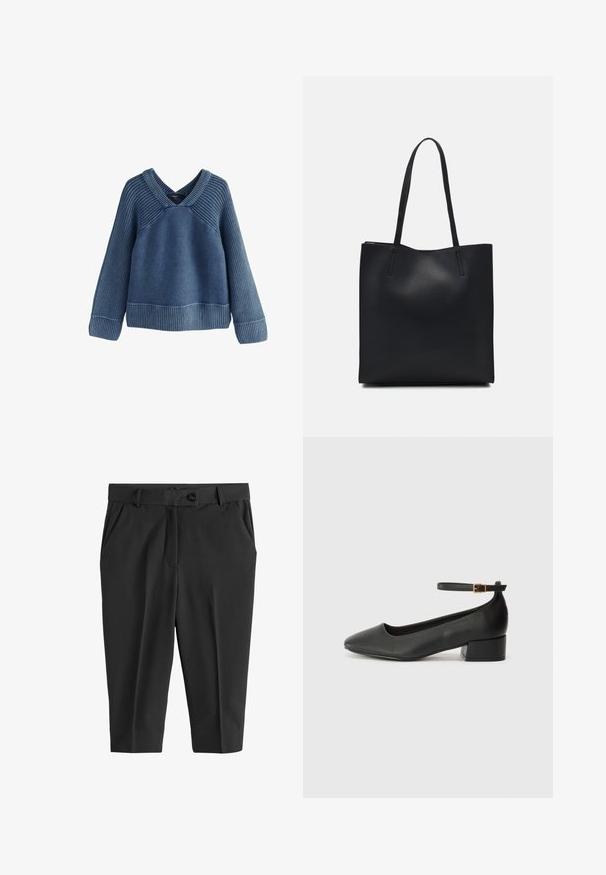 Sinine soonikkude kudumisega sviiter V-kaelusega, pikkade varrukatega ja vabalt langemisega. Omab tekstuurset kangast ja kontrastset soonilise ääristusega.; Mustad püksid ees kortsudega, nööbi sulgemise ja küljetaskutega. Sile kangas, lühendatud pikkus ja voolav siluett.; Must mustaapp, millel on terav nina ja madal blokk-kand. Omab pahkluu rihma koos kuldse tooni pandlaga. Sile tekstuur.; Mustast nahast kott sujuva tekstuuriga, ristkülikukujuline ja kahe pika sangaga. Pole nähtavat riistvara ega kaunistusi.