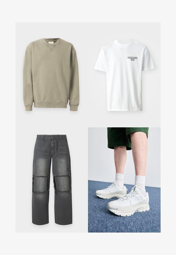 Khaki värvi dressipluus, mis on valmistatud pehmest puuvillasegusest kangast. Sellel on ümar kaelus, soonilised mansetid ja mugav lõige koos peente õmbluse detailidega.; Valge puuvillane T-särk ümmarguse kaelusega. Vasakul rinnal on väike sinine tekstilogo "CARHARTT WIP". Klassikaline lõige, lühikesed varrukad.; Halli denimpüksid lõdva lõikega, millel on kulunud põlvekohad, kontrastne tikand ja väike logo küljel.; Valged sportsijalatsid tekstuursete pealsete, kopsaka tallaga ja hallide aktsentidega. Kanda valgete lühikeste sokkidega ja roheliste lühikeste pükstega sinisel pinnal.