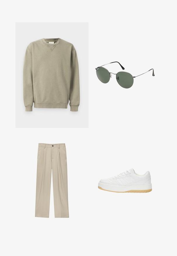 Khaki mikina vyrobená z mäkkej zmesi bavlny, s okrúhlym výstrihom, rebrovanými manžetami a voľným strihom s jemnými švovými detailmi.; Biela polo košeľa vyrobená z bavlny, s klasickým golierom, krátkymi rukávmi a malým námorníckym logom na ľavej hrudi. Dvojité gombíkové zapínanie.; Béžové nohavice s rovný strihom, s jedným čiernym gombíkom, pútkami na opasok a bočnými vreckami. Hladká textúra látky a minimálny dizajn.; Biele kožené tenisky s textúrovaným povrchom, s gumovou podrážkou, šnurovacími detailami a subtilnými pruhmi na stranách.; Sunglass s metalovým rámom s oválnymi zelenými šošovkami. Tenký strieborný kovový rám a čierne štuple za uši. Minimalistický dizajn, bez viditeľných log.